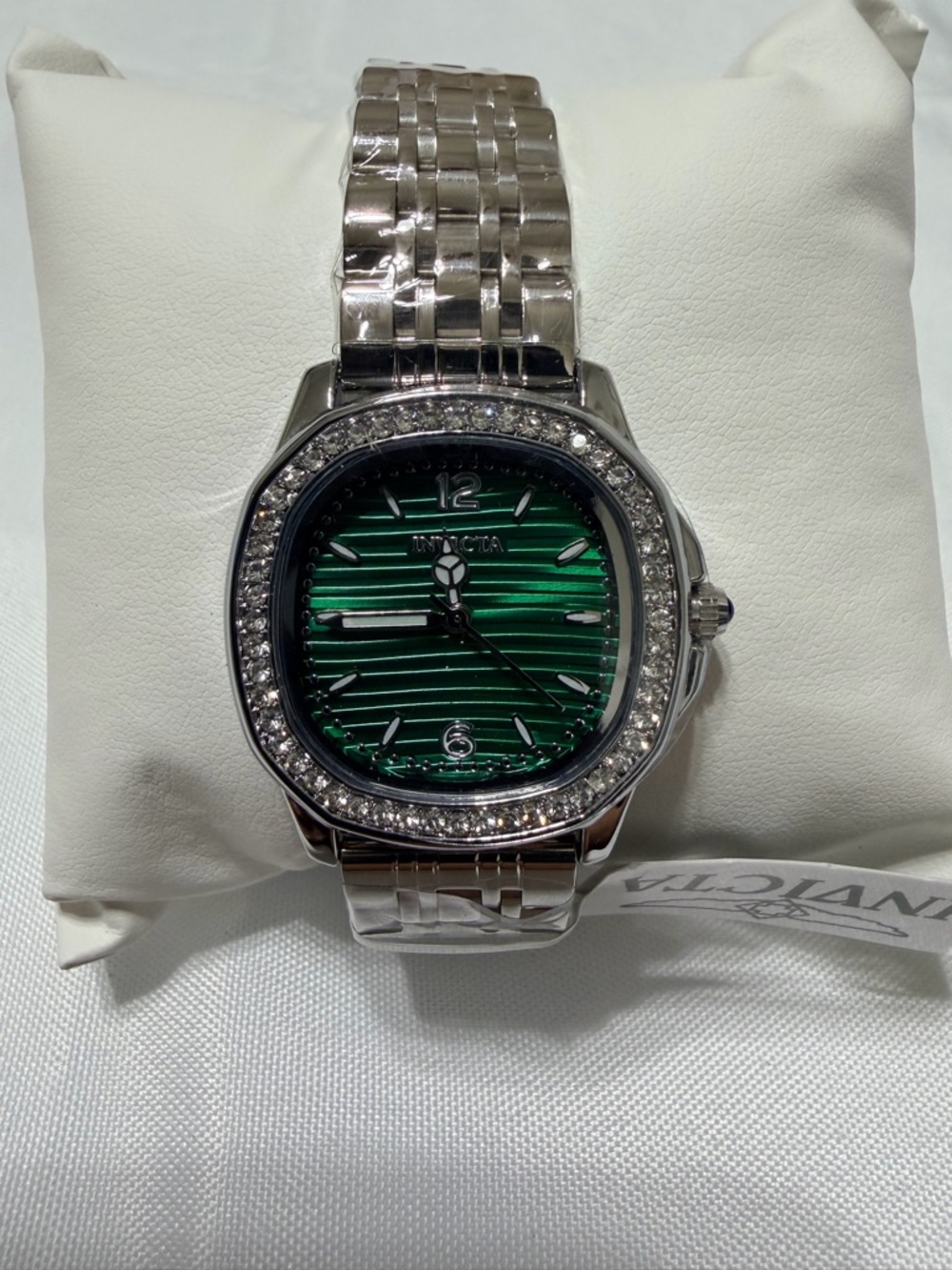 Invicta Women’s Silver Bracelet Watch with Green Dial and Crystal Bezel